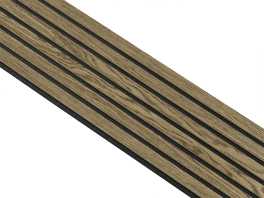 Akustikpaneler i almindelig kerne i mørkebrun oliering - vælg mellem forskellige farve filt - Mål: 16 × 300 × 2780 mm