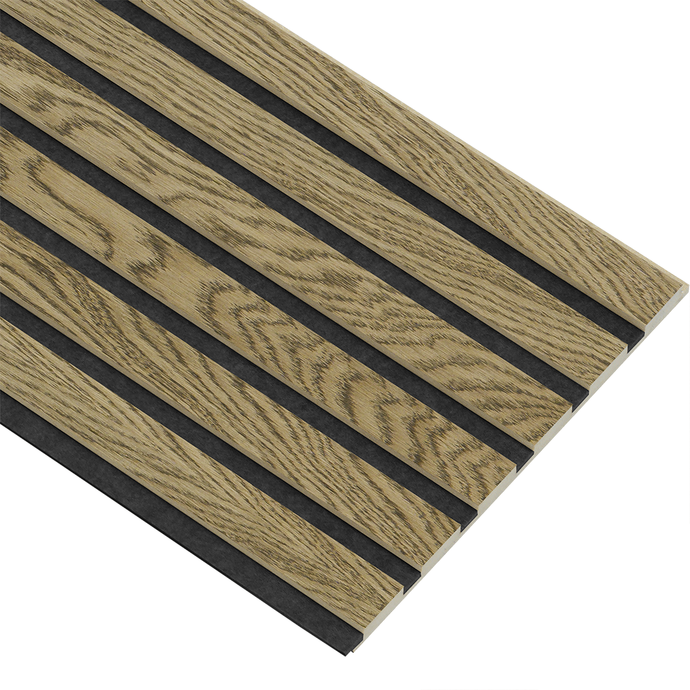 Akustikpaneler i almindelig kerne i mørkebrun oliering - vælg mellem forskellige farve filt - Mål: 16 × 300 × 2780 mm