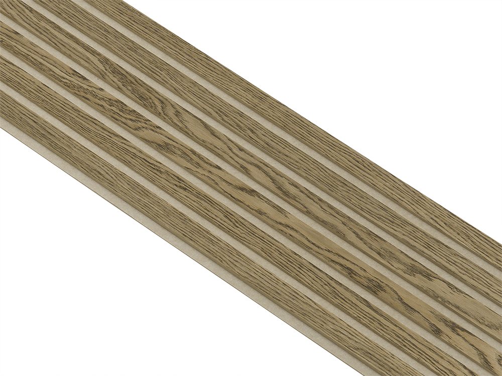 Akustikpaneler i almindelig kerne i mørkebrun oliering - vælg mellem forskellige farve filt - Mål: 16 × 300 × 2780 mm