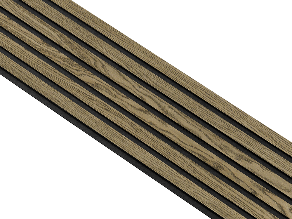 Akustikpaneler i sort kerne i mørkebrun oliering - vælg mellem forskellige farve filt - Mål: 17 × 300 × 2780 mm