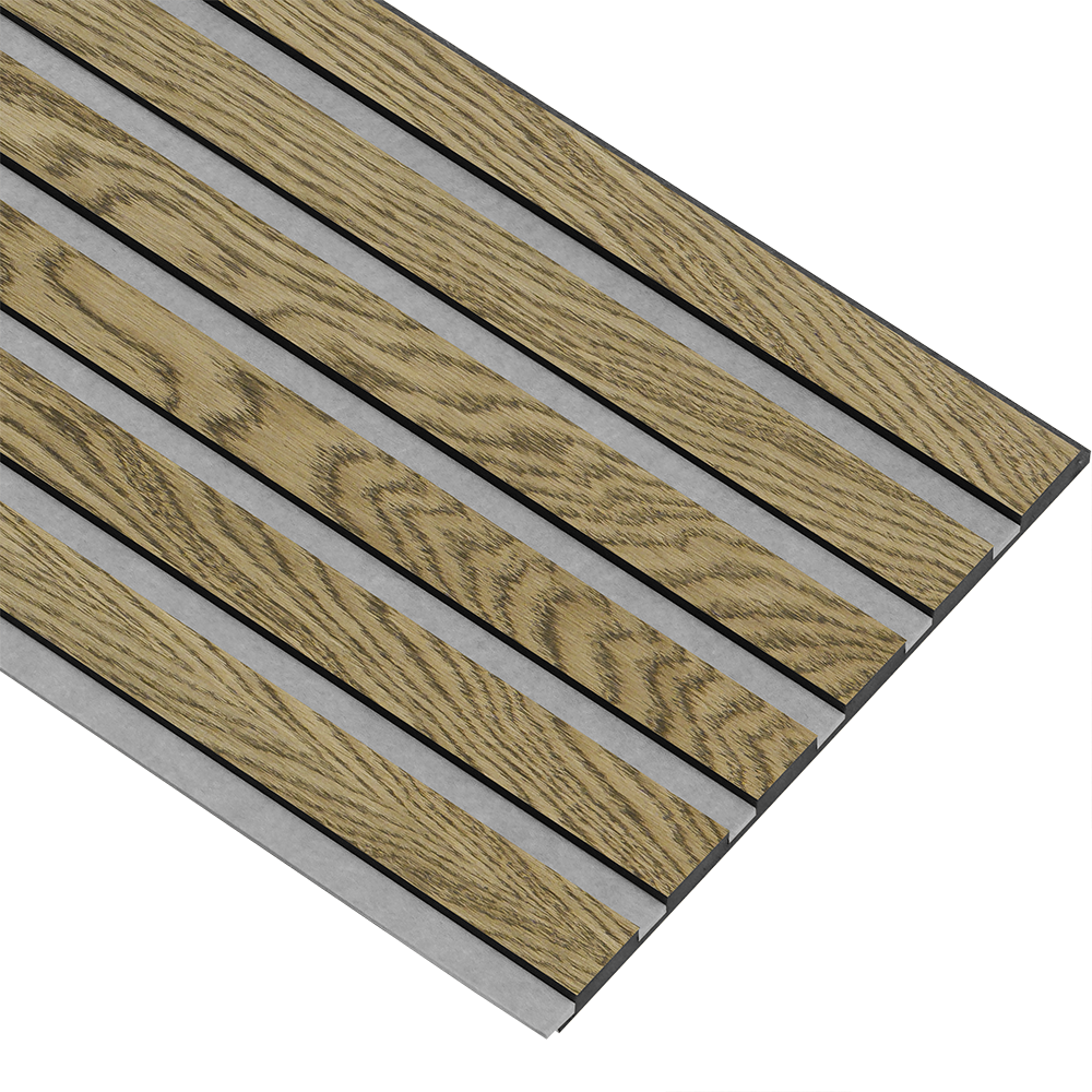 Akustikpaneler i sort kerne i mørkebrun oliering - vælg mellem forskellige farve filt - Mål: 17 × 300 × 2780 mm