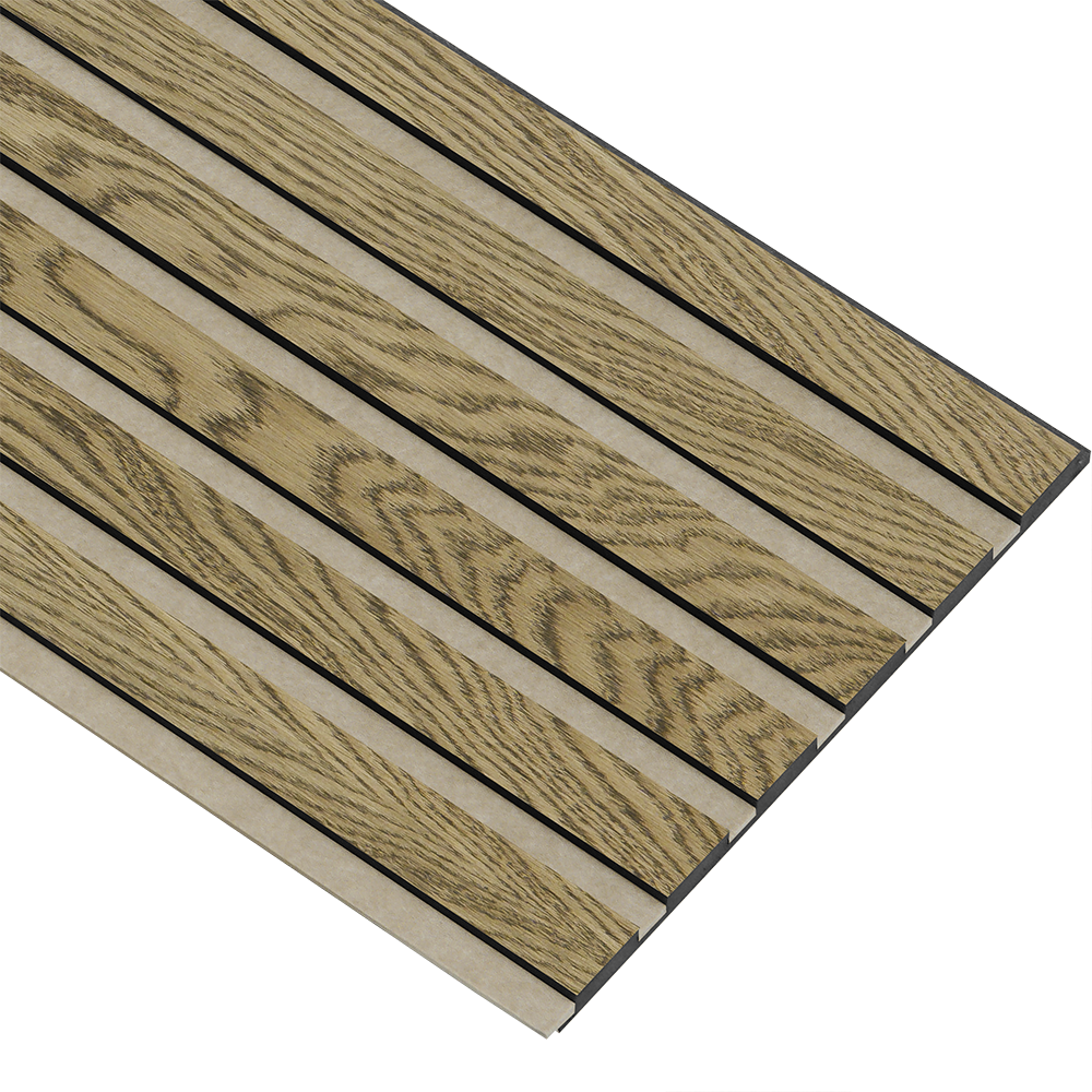 Akustikpaneler i sort kerne i mørkebrun oliering - vælg mellem forskellige farve filt - Mål: 17 × 300 × 2780 mm