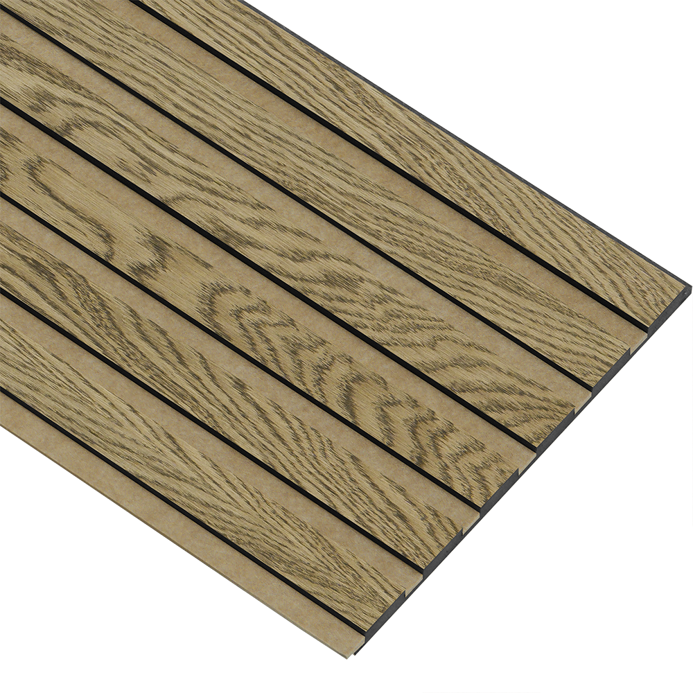 Akustikpaneler i sort kerne i mørkebrun oliering - vælg mellem forskellige farve filt - Mål: 17 × 300 × 2780 mm