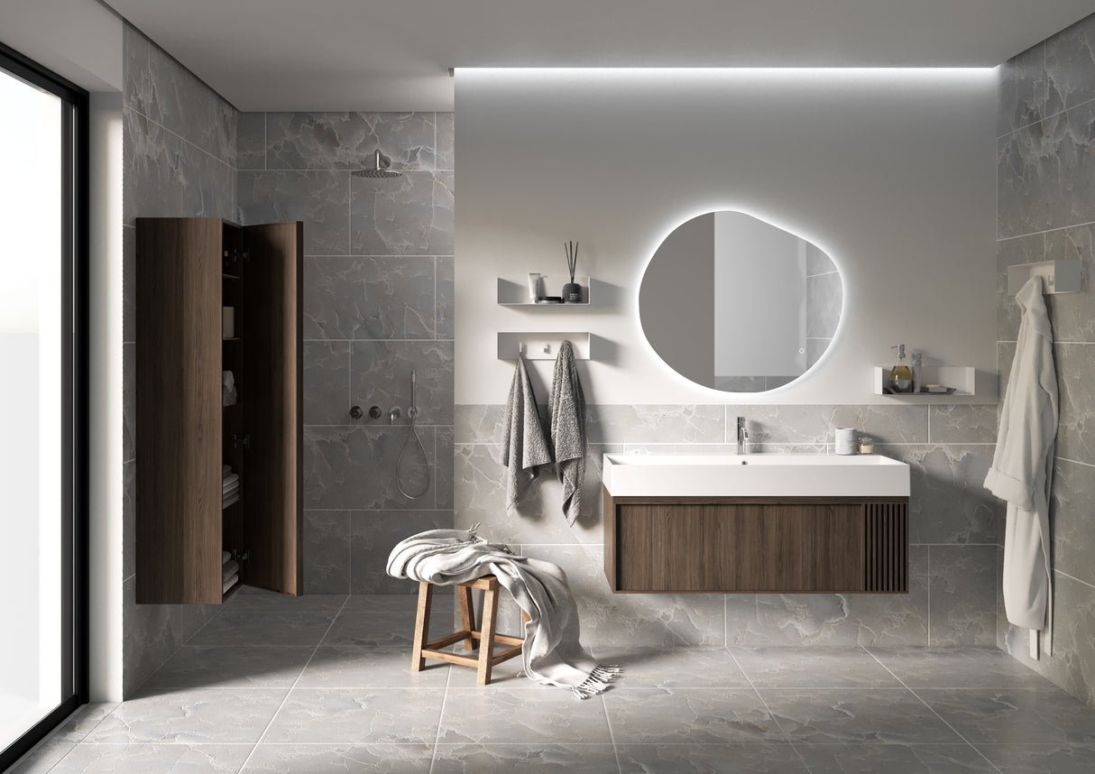 Nordskab badsæt i røget eg finer med ril - bredde 120 cm med porcelænsvaske badborplade