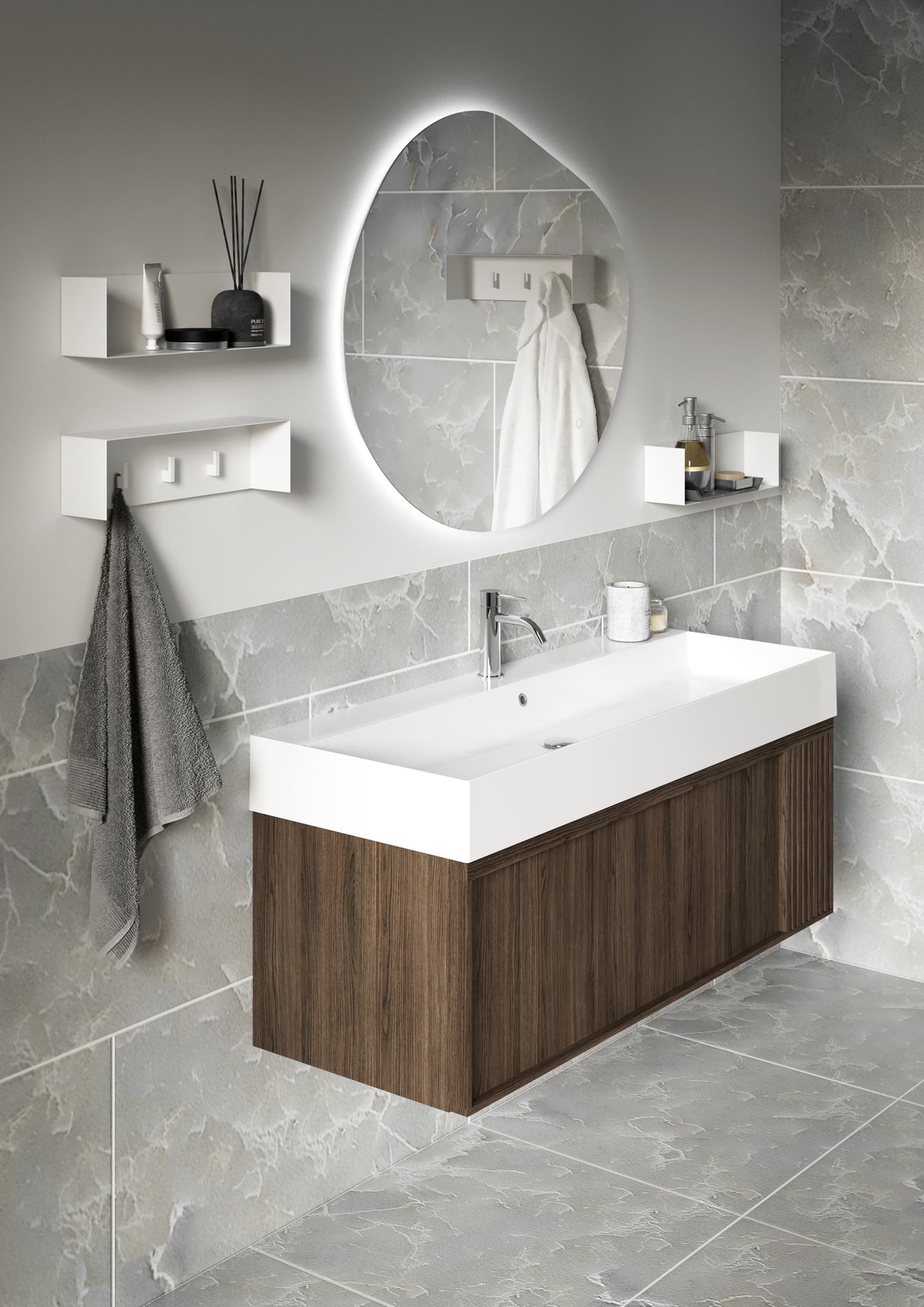 Nordskab badsæt i røget eg finer med ril - bredde 80 cm med porcelænsvaske badborplade