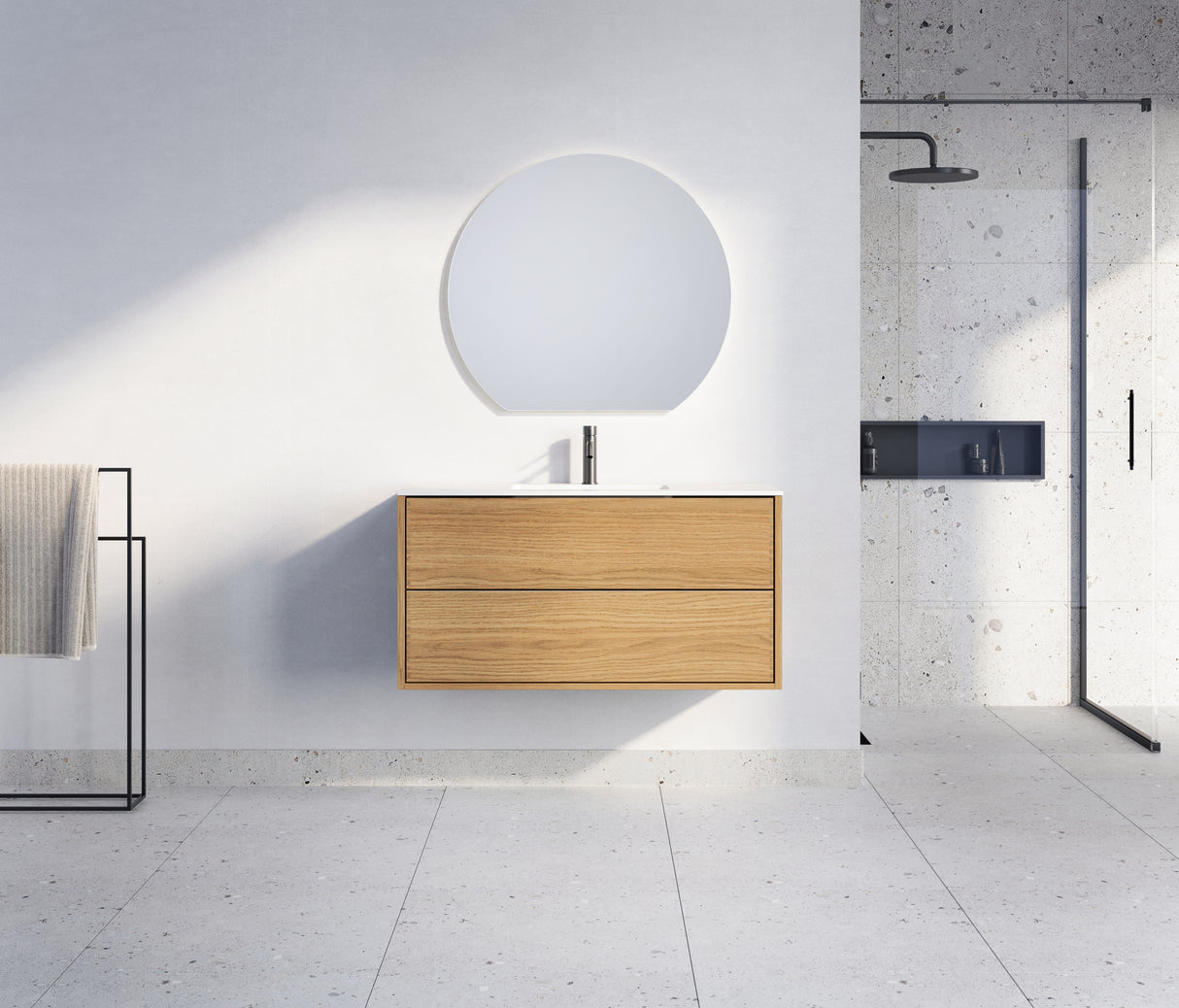 Nordic snedker vaskeskab i Natur lakeret eg med Reno solid surface badbordplade i bredde 100 cm med hanehul