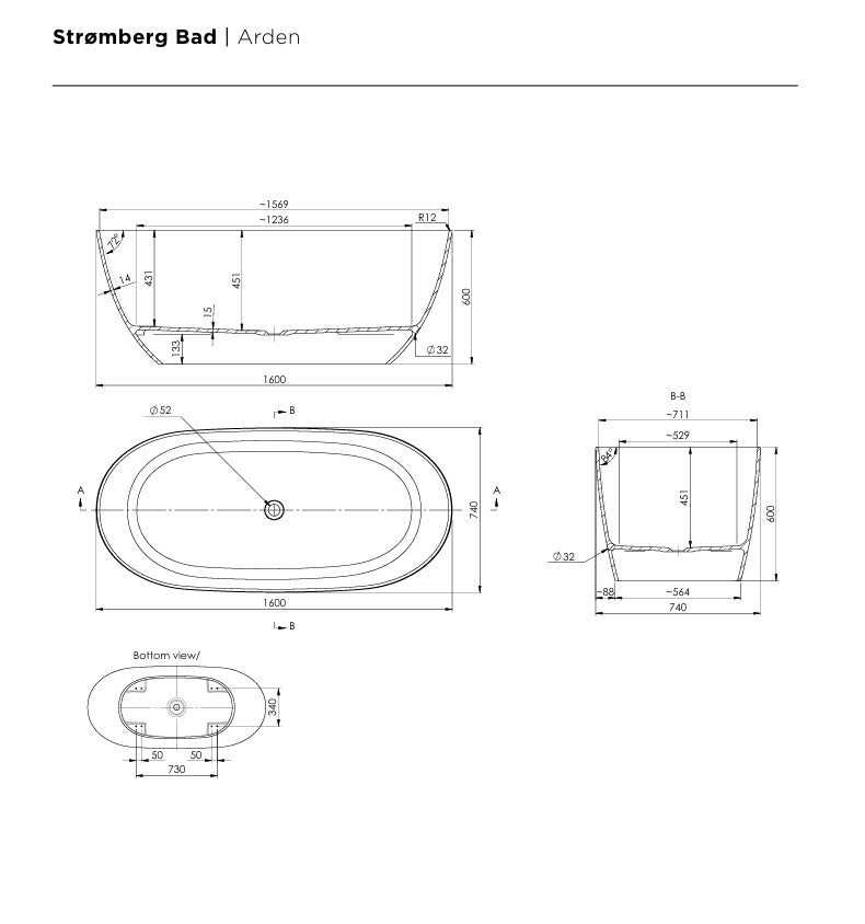 Arden fritstående badekar 1600x740mm