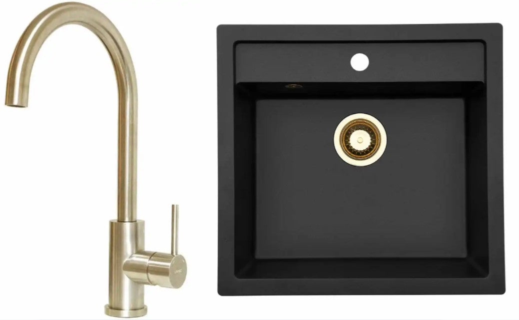 Komposit vask m. messing afløb + Kubus 140 RS Round køkkenarmatur i PVD messing