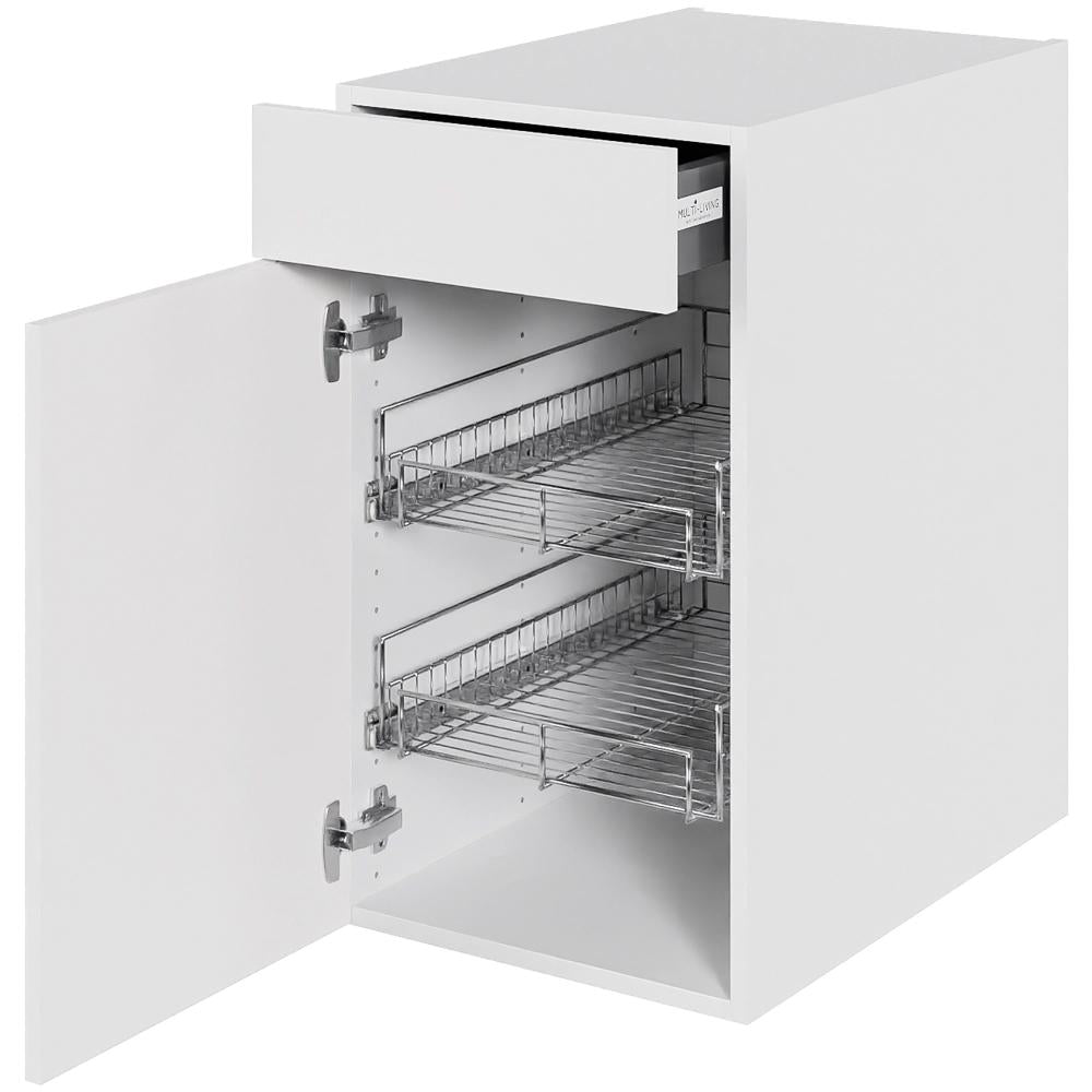 Multi-Living Køkken grydeskab i Malet Hvid Front underskab H: 70,4 cm D: 60,0 cm - 2 udtræksriste 1 låge & 1 skuffe med fuldudtræk/softluk - Bredde: 40 cm