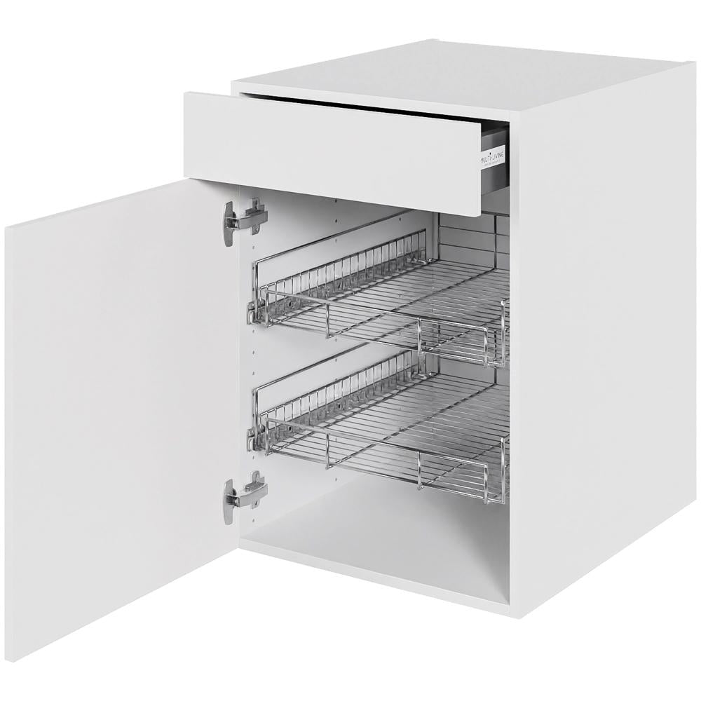 Multi-Living Køkken grydeskab i Malet Hvid Front underskab H: 70,4 cm D: 60,0 cm - 2 udtræksriste 1 låge og 1 skuffe med deludtræk/softluk - Bredde: 50 cm