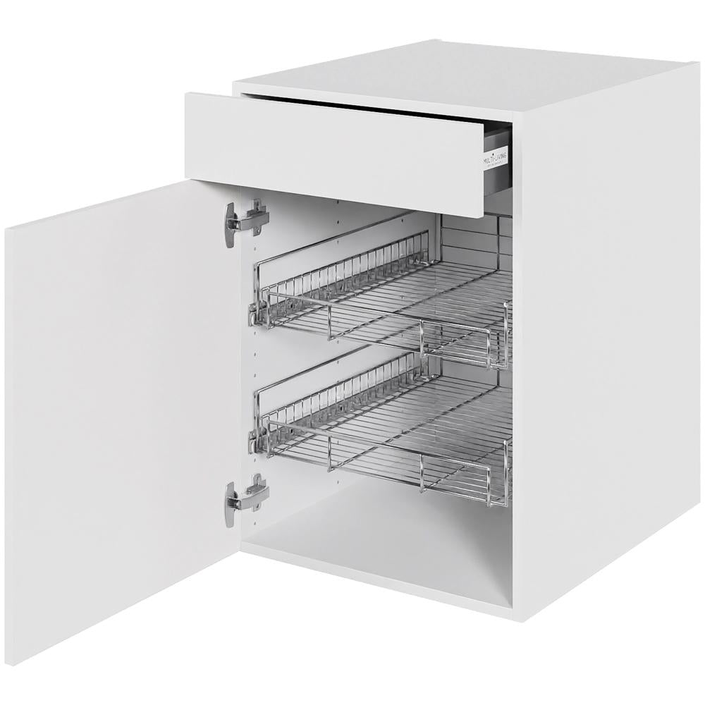 Multi-Living Køkken grydeskab i Malet Hvid Front underskab H: 70,4 cm D: 60,0 cm - 2 udtræksriste 1 låge & 1 skuffe med fuldudtræk/softluk - Bredde: 50 cm