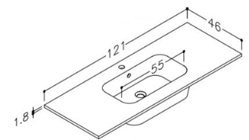 Nordskab badbordplade i porcelæn - bredde 121 cm x dybde 46 cm med hanehul