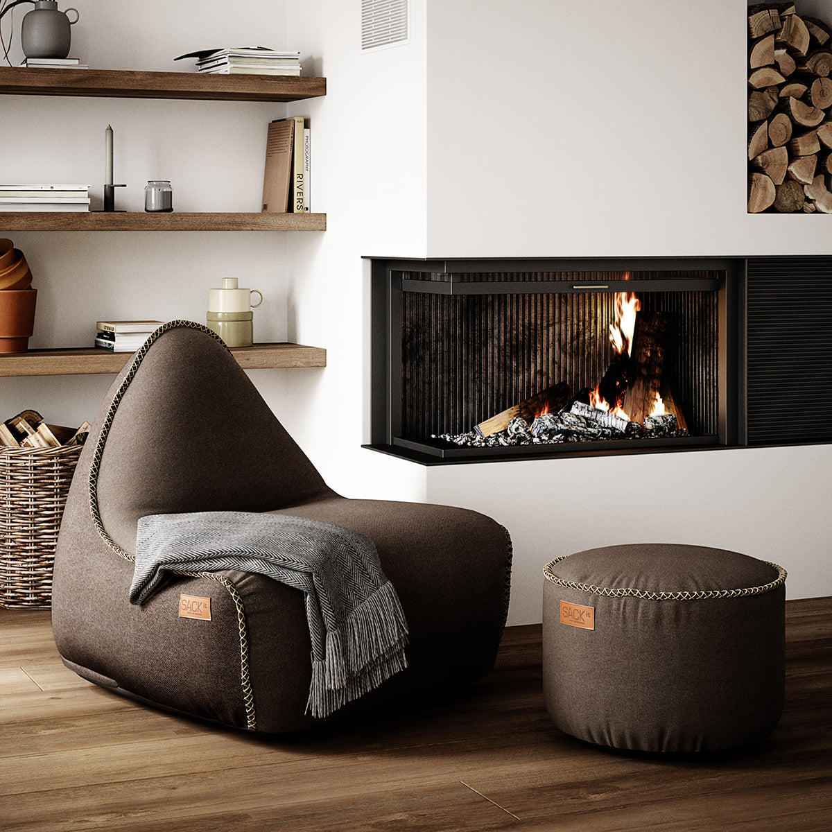 Canvas Lounge Chair & Pouf Brown