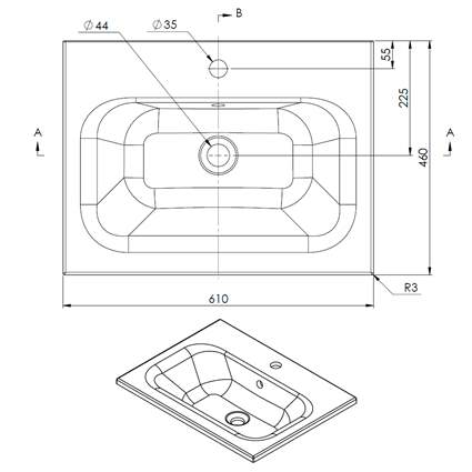 Nordskab badbordplade i Solid Surface - bredde 61 cm x dybde 46 cm med hanehul