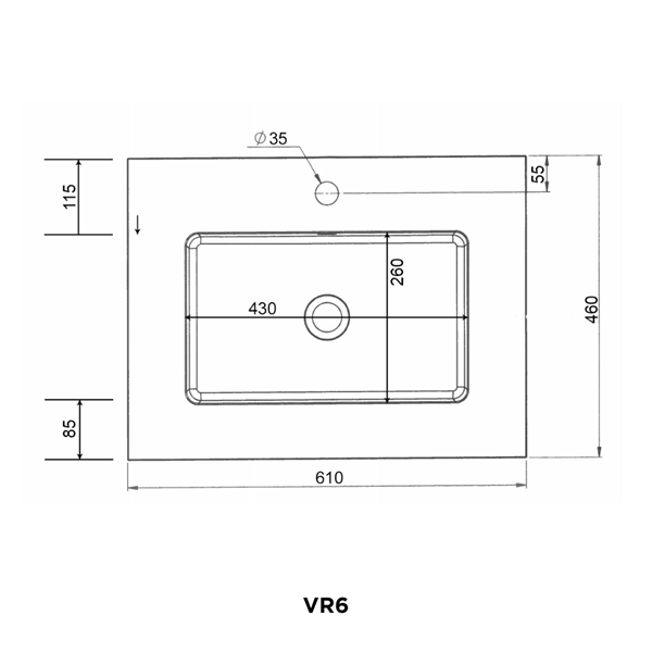 Reno Solid Surface vask, 61 x 46 x 1,2 cm, mat hvid, centreret.