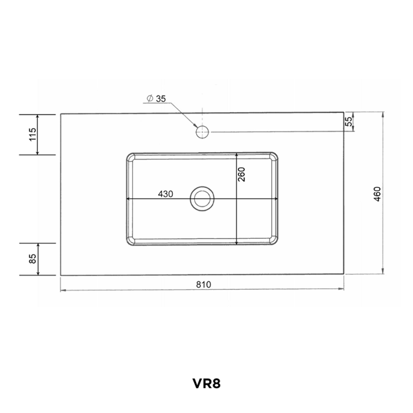 Reno Solid Surface vask, 81 x 46 x 1,2 cm, mat hvid, centreret.