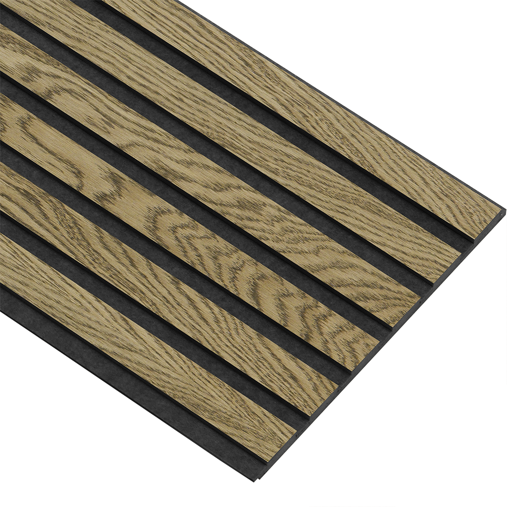 Akustikpaneler i sort kerne i mørkebrun oliering - vælg mellem forskellige farve filt - Mål: 17 × 300 × 2780 mm