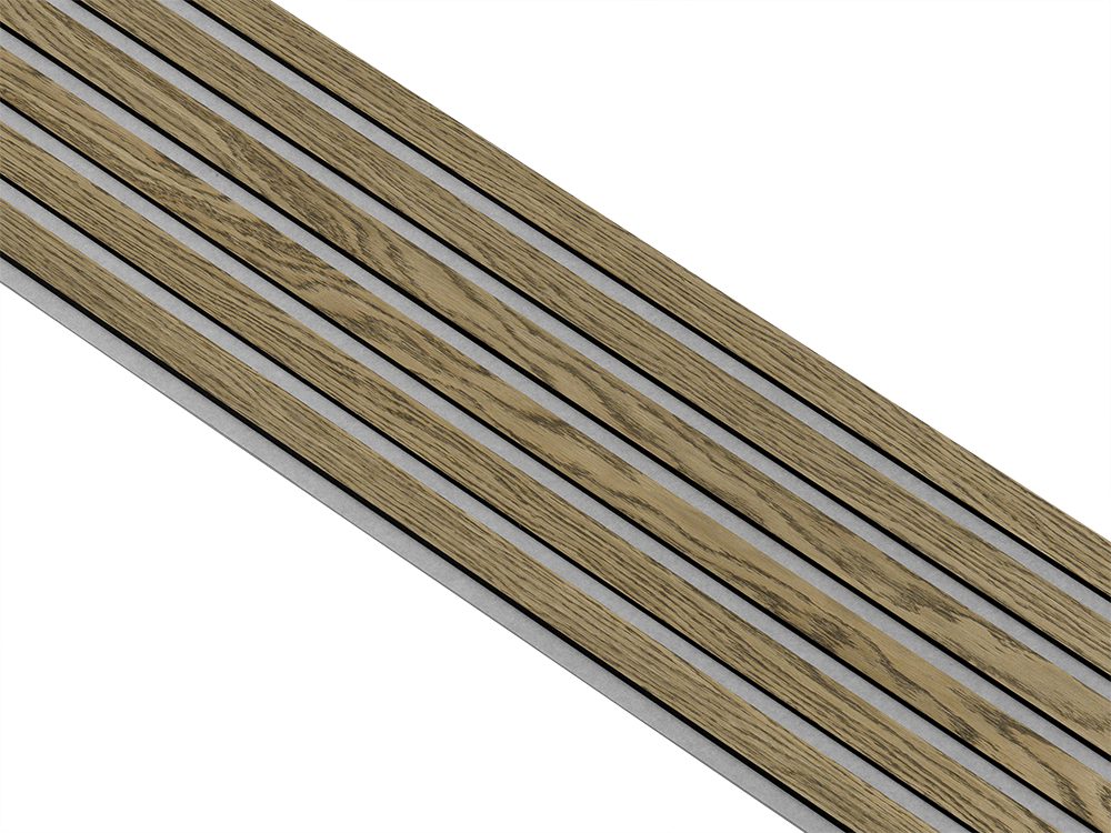 Akustikpaneler i sort kerne i mørkebrun oliering - vælg mellem forskellige farve filt - Mål: 17 × 300 × 2780 mm