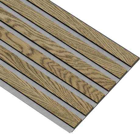 Akustikpaneler i sort kerne i mørkebrun oliering - vælg mellem forskellige farve filt - Mål: 17 × 300 × 2780 mm