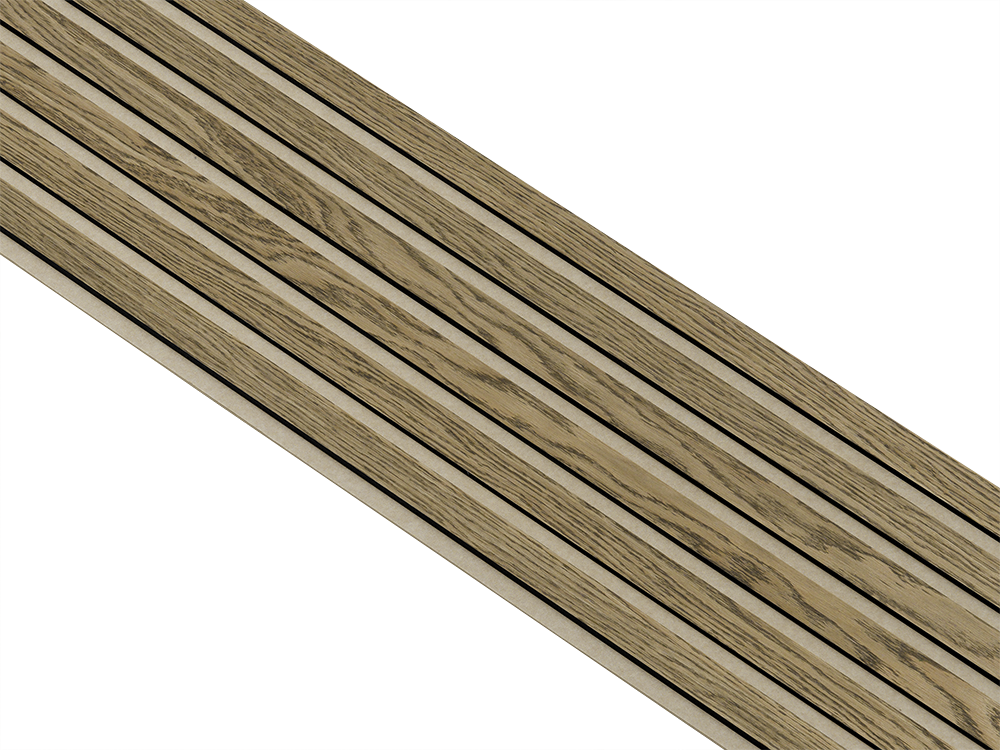 Akustikpaneler i sort kerne i mørkebrun oliering - vælg mellem forskellige farve filt - Mål: 17 × 300 × 2780 mm