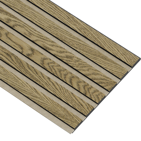 Akustikpaneler i sort kerne i mørkebrun oliering - vælg mellem forskellige farve filt - Mål: 17 × 300 × 2780 mm