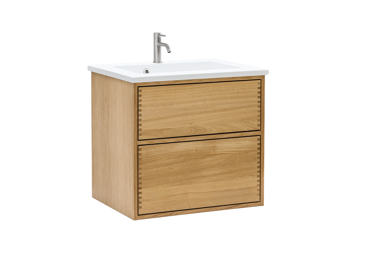 Naturolieret snedkerbadmøbel med push fra Nordskab i bredde 60 cm med mat hvid badbordplade