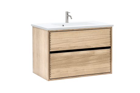 Hvidolieret snedkerbadmøbel med fuldt mellemrum fra Nordskab i bredde 80 cm med mat hvid badbordplade