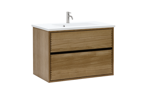 Mørkolieret snedkerbadmøbel med fuldt mellemrum fra Nordskab i bredde 80 cm med mat hvid badbordplade