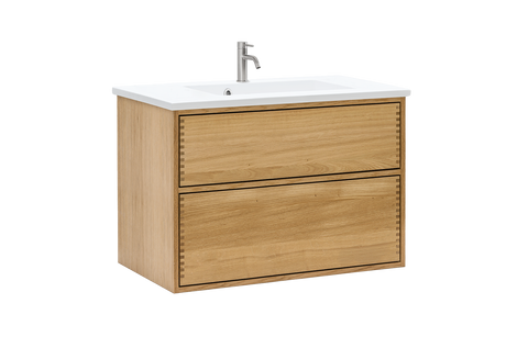 Naturolieret snedkerbadmøbel med push fra Nordskab i bredde 80 cm med mat hvid badbordplade