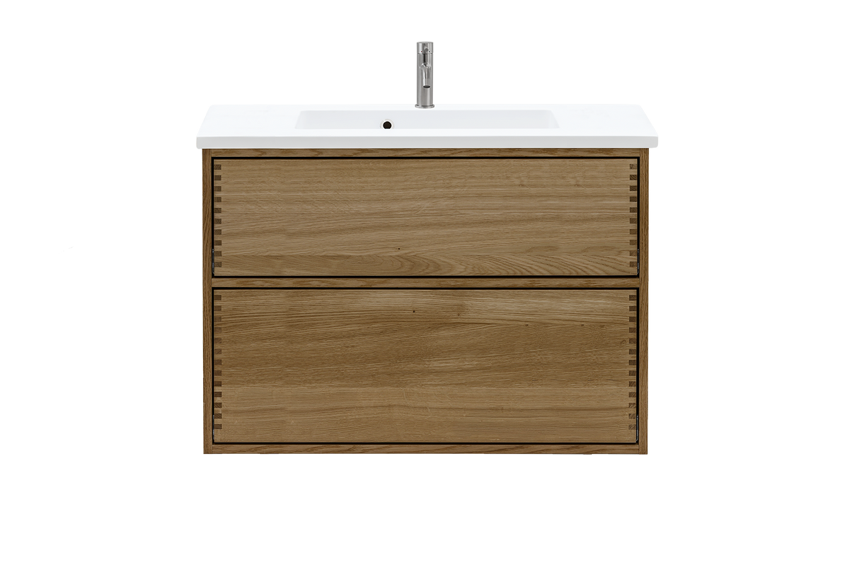 Mørkolieret snedkerbadmøbel med push fra Nordskab i bredde 80 cm med mat hvid badbordplade