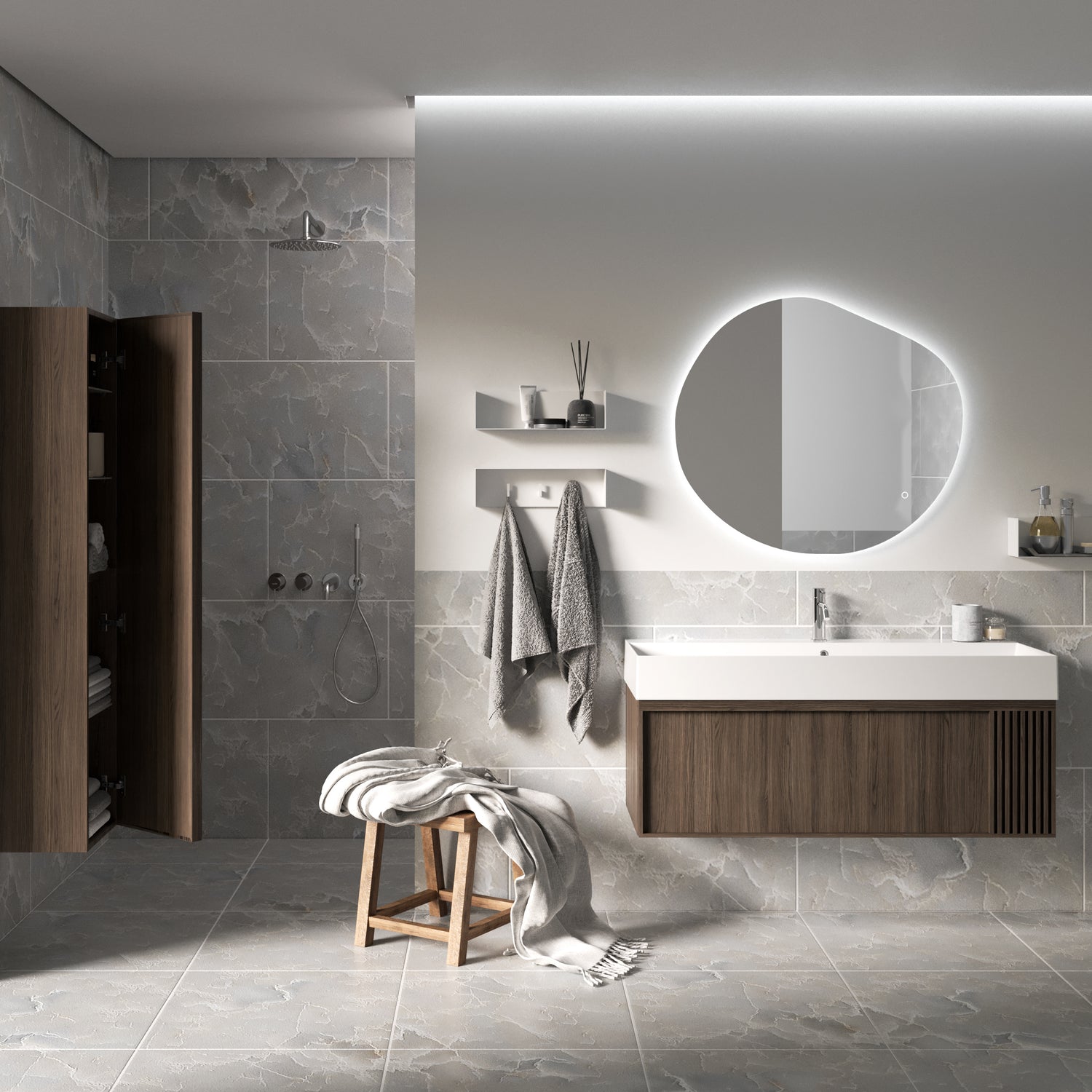 Nordskab badsæt i røget eg finer med ril - bredde 120 cm med porcelænsvaske badborplade