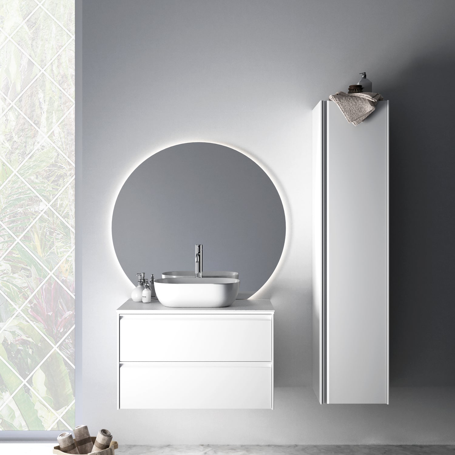 Nordskab badsæt i Mat hvid - bredde 80 cm med Solid Surface badborplade