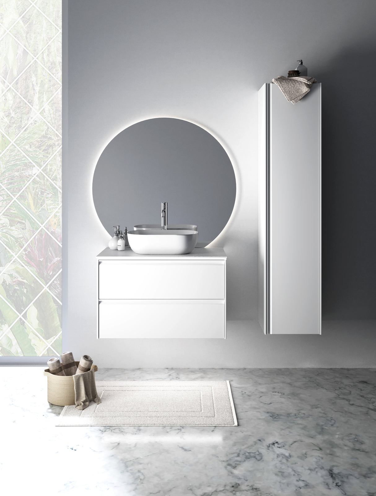 Nordskab badsæt i Mat hvid - bredde 80 cm med Solid Surface badborplade