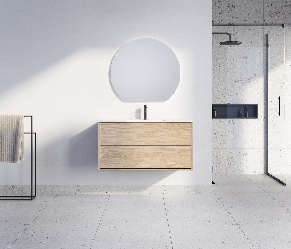 Nordic snedker vaskeskab i Lys lakeret eg med Reno solid surface badbordplade i bredde 100 cm med hanehul