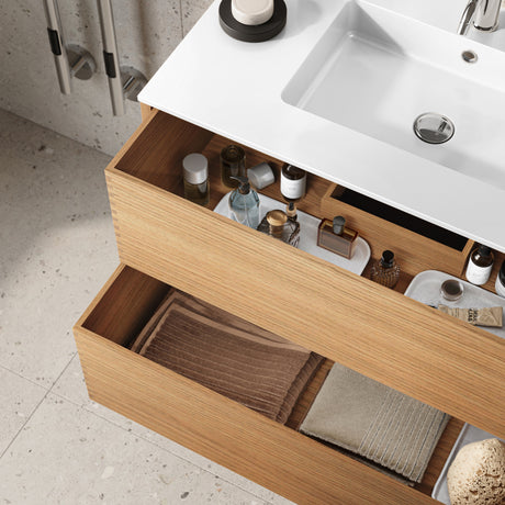 Nordic snedker vaskeskab i Natur lakeret eg med Reno solid surface badbordplade i bredde 100 cm med hanehul