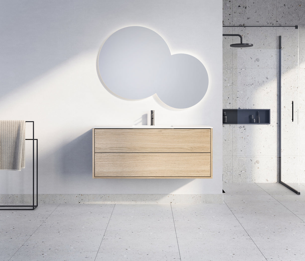 Nordic snedker vaskeskab i Lys lakeret eg med Reno solid surface badbordplade i bredde 120 cm med hanehul