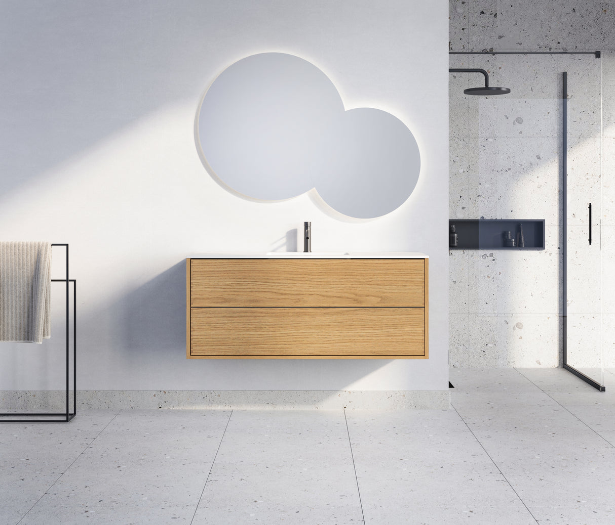 Nordic snedker vaskeskab i Natur lakeret eg med Reno solid surface badbordplade i bredde 120 cm med hanehul