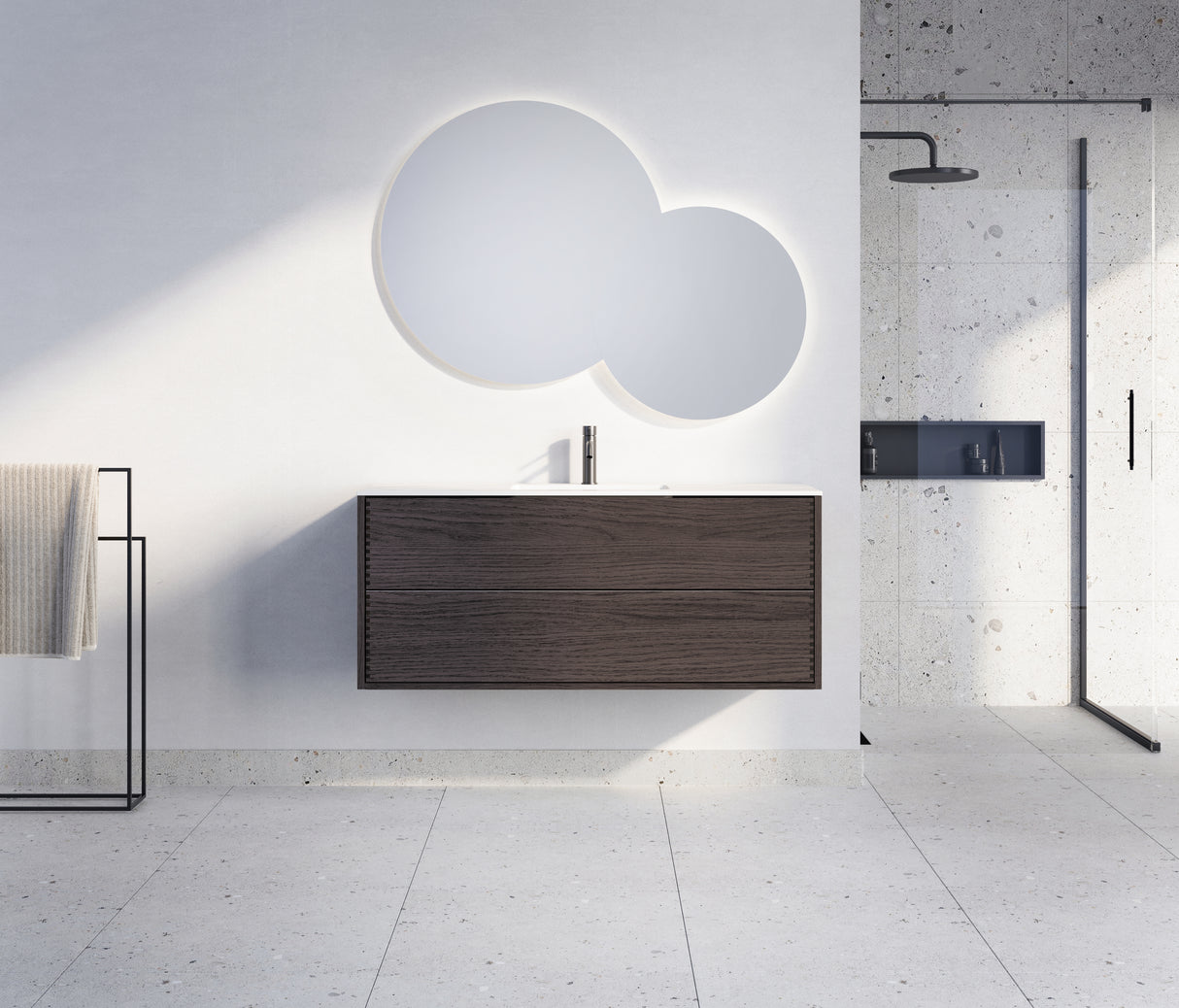 Nordic snedker vaskeskab i Røget lakeret eg med Reno solid surface badbordplade i bredde 120 cm med hanehul