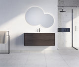 Nordic snedker vaskeskab i Røget lakeret eg med Reno solid surface badbordplade i bredde 120 cm med hanehul