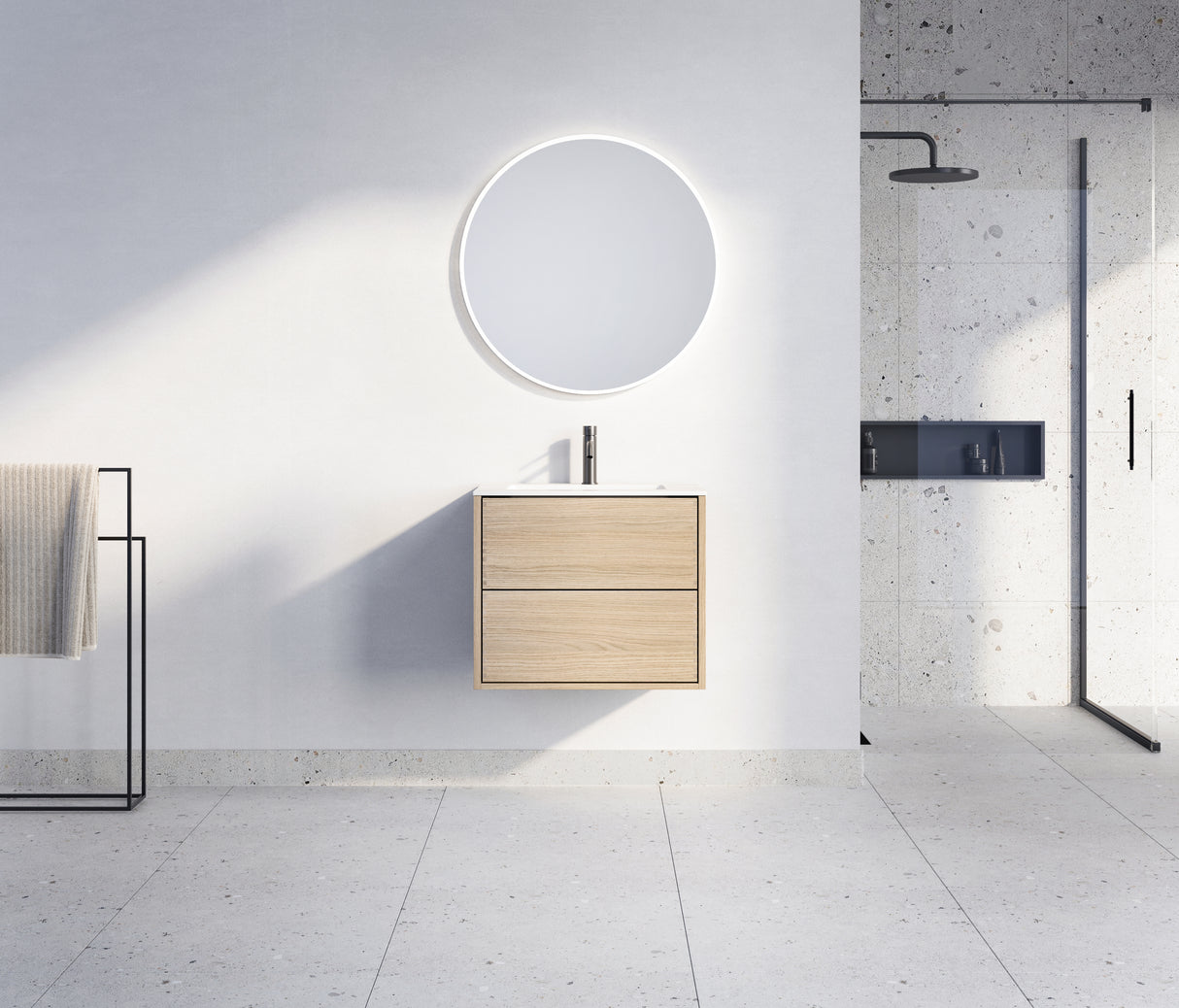 Nordic snedker vaskeskab i Light oak med Reno solid surface badbordplade i bredde 60 cm med hanehul