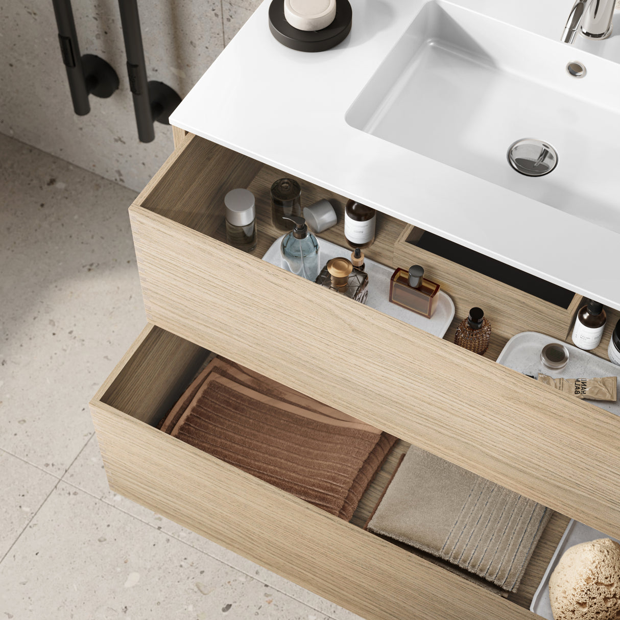 Nordic snedker vaskeskab i Light oak med Reno solid surface badbordplade i bredde 60 cm med hanehul