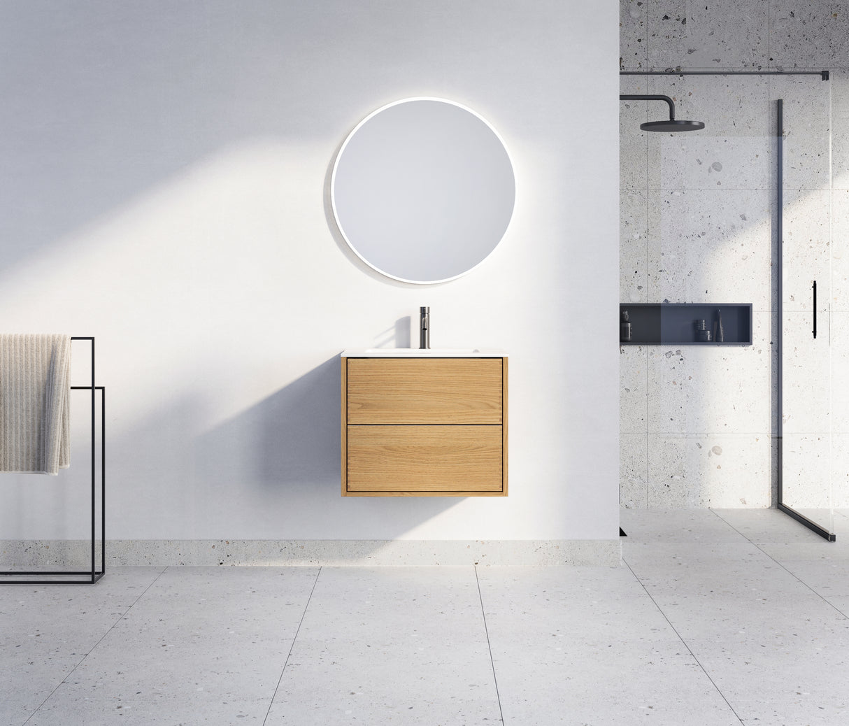 Nordic snedker vaskeskab i lakeret natural eg med Reno solid surface badbordplade i bredde 60 cm med hanehul