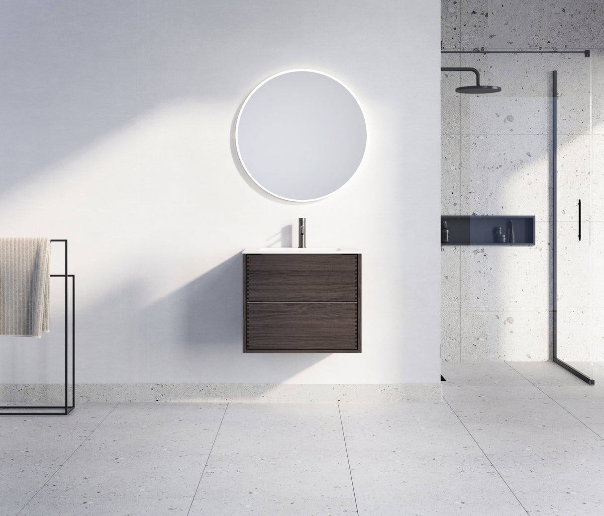 Nordic snedker vaskeskab i lakeret røget eg med Reno solid surface badbordplade i bredde 60 cm med hanehul