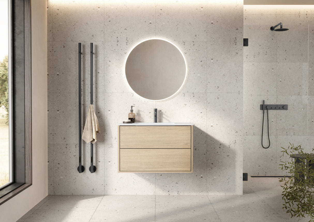 Nordic snedker vaskeskab i Lys lakeret eg med Reno solid surface badbordplade i bredde 80 cm med hanehul