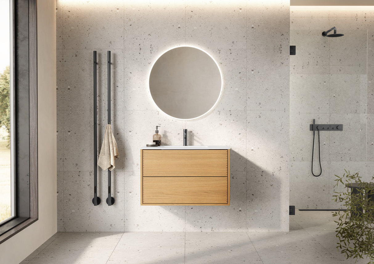 Nordic snedker vaskeskab i lakeret natur eg med Reno solid surface badbordplade i bredde 80 cm med hanehul