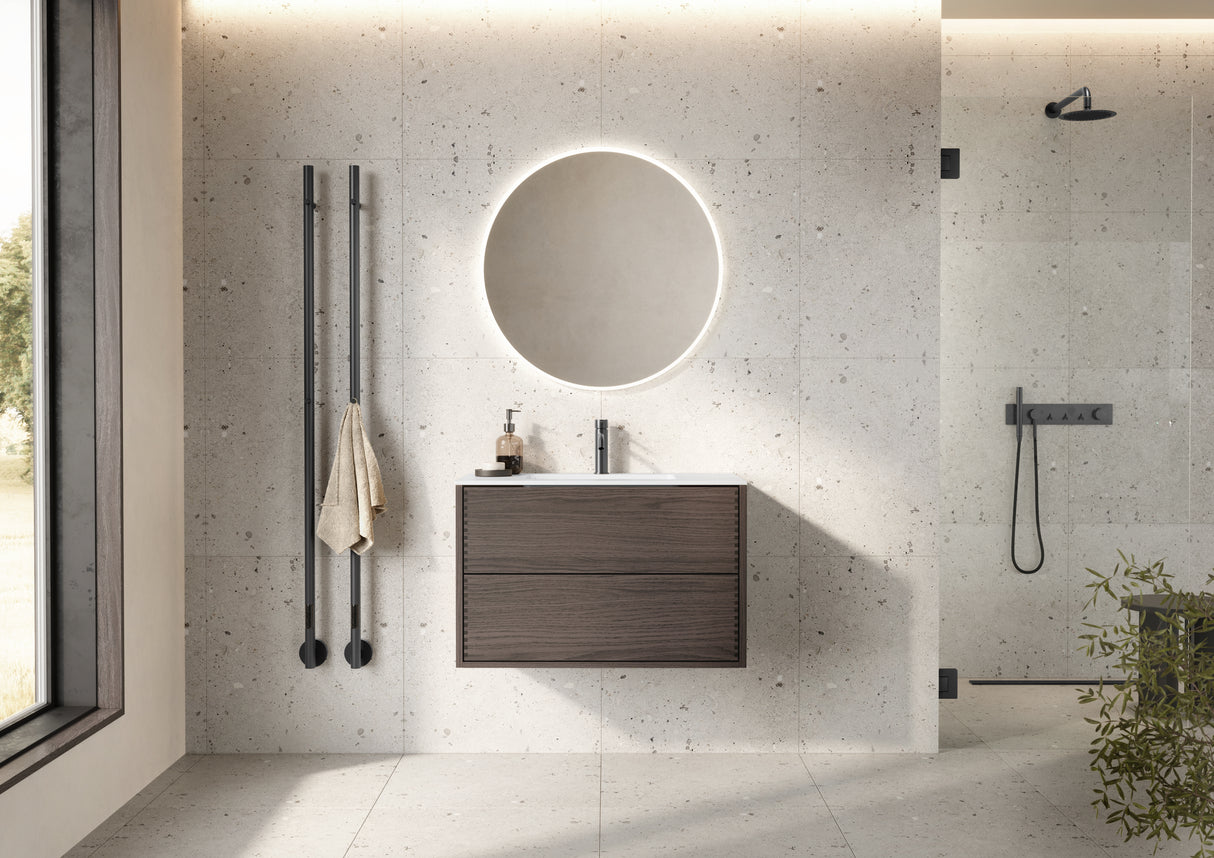 Nordic snedker vaskeskab i røget eg med Reno solid surface badbordplade i bredde 80 cm med hanehul