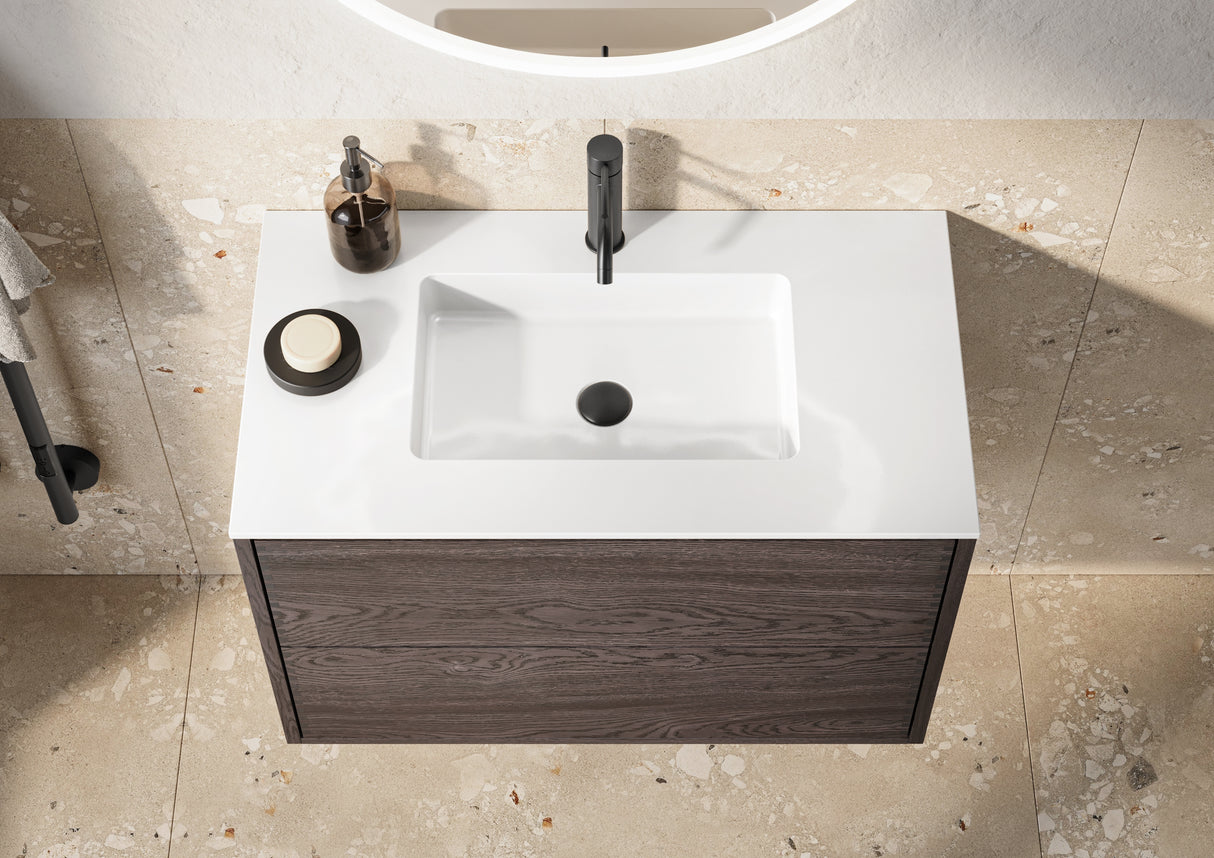 Nordic snedker vaskeskab i røget eg med Reno solid surface badbordplade i bredde 80 cm med hanehul