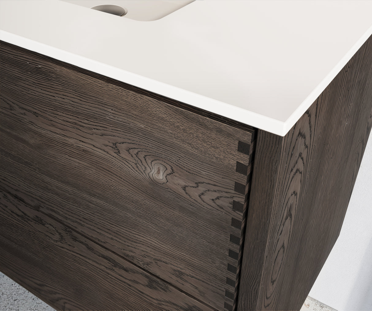 Nordic snedker vaskeskab i røget eg med Reno solid surface badbordplade i bredde 80 cm med hanehul