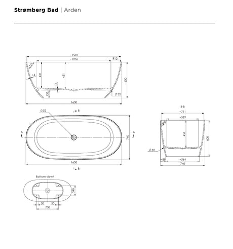 Arden fritstående badekar 1600x740mm, MAT SORT, Velsten støbemarmor to ryglæn u. overløb