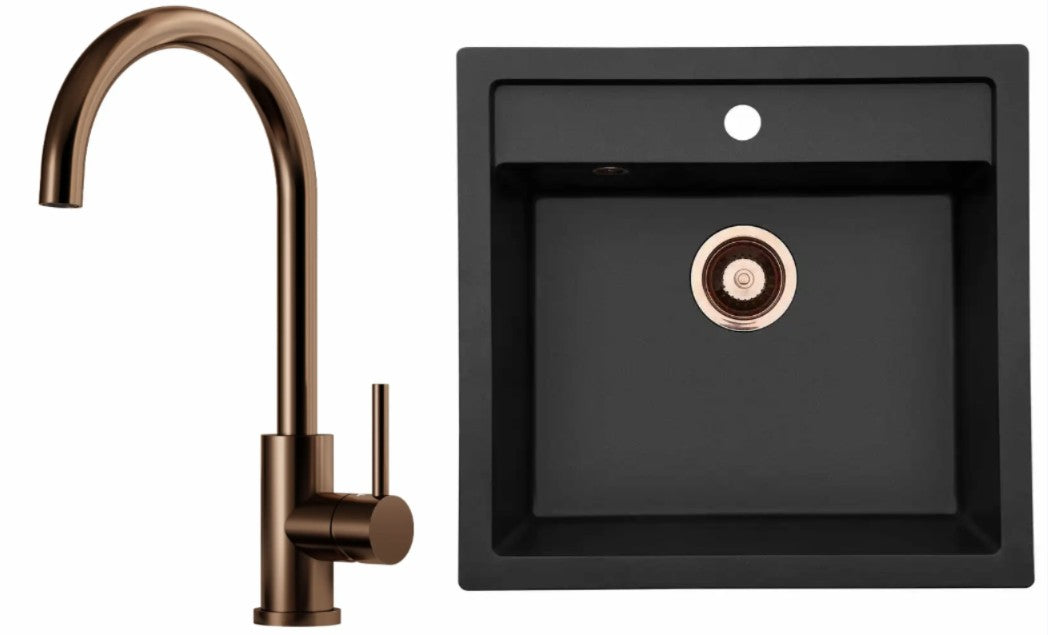 Komposit vask m. kobber afløb + Kubus 140 RS Round køkkenarmatur i PVD kobber